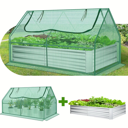 Galvanized Raised Garden Bed with Cover, 6x3x3ft, Outdoor Metal Planter Box 2 Roll-Up Windows Mini Greenhouse for Growing Flowers Fruits Vegetables and Herbs - Green & Transparent