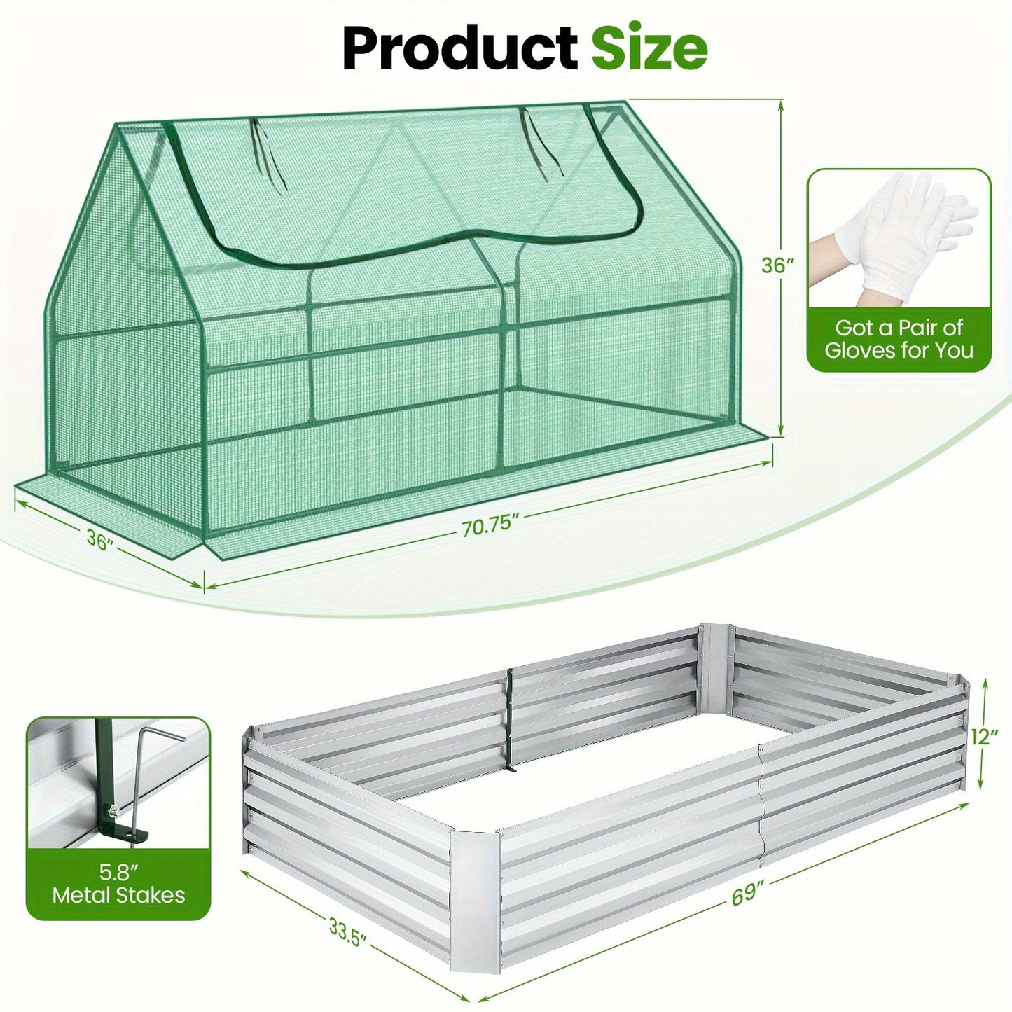 Galvanized Raised Garden Bed with Cover, 6x3x3ft, Outdoor Metal Planter Box 2 Roll-Up Windows Mini Greenhouse for Growing Flowers Fruits Vegetables and Herbs - Green & Transparent