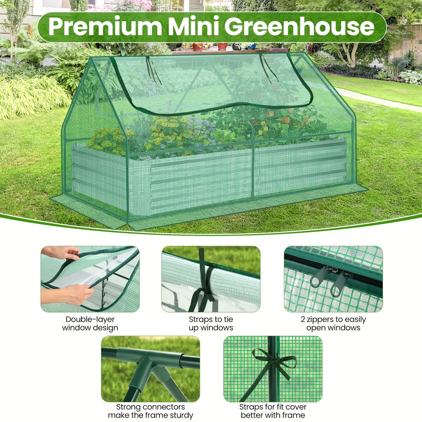Galvanized Raised Garden Bed with Cover, 6x3x3ft, Outdoor Metal Planter Box 2 Roll-Up Windows Mini Greenhouse for Growing Flowers Fruits Vegetables and Herbs - Green & Transparent