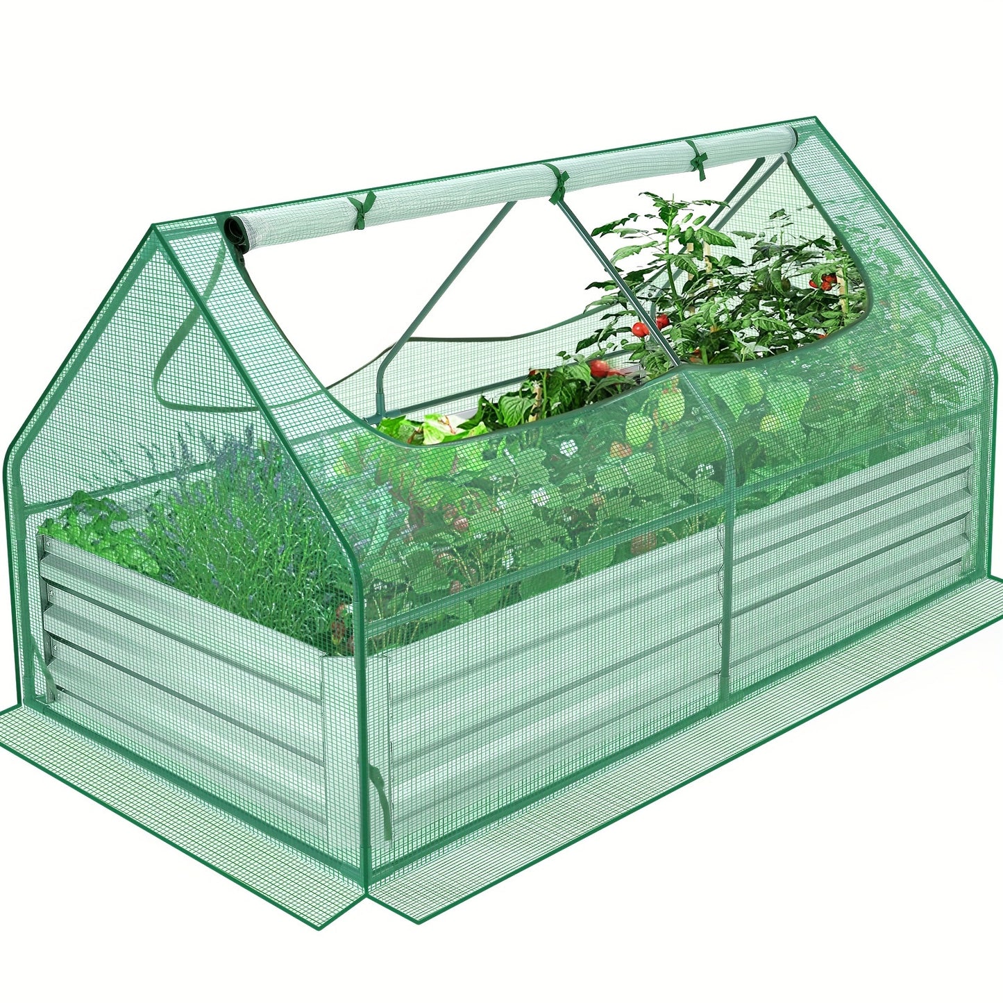 Galvanized Raised Garden Bed with Cover, 6x3x3ft, Outdoor Metal Planter Box 2 Roll-Up Windows Mini Greenhouse for Growing Flowers Fruits Vegetables and Herbs - Green & Transparent