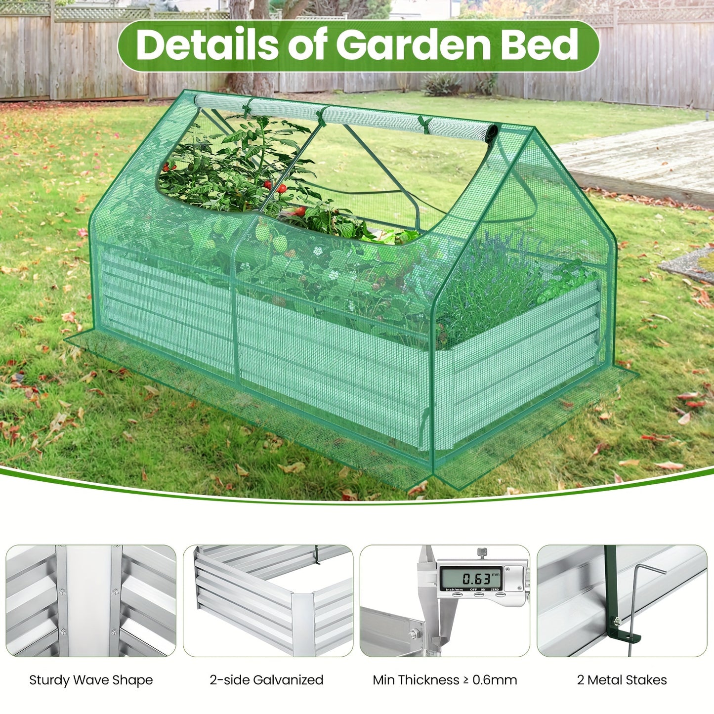 Galvanized Raised Garden Bed with Cover, 6x3x3ft, Outdoor Metal Planter Box 2 Roll-Up Windows Mini Greenhouse for Growing Flowers Fruits Vegetables and Herbs - Green & Transparent