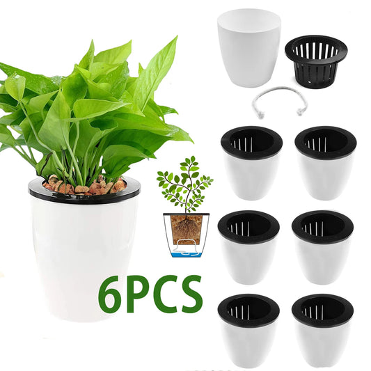 6Pcs Self Watering Pots With Cotton Rope for Indoor Plants 4.7 Inch Self Watering Plastic Flower Pot for Garden Decorative