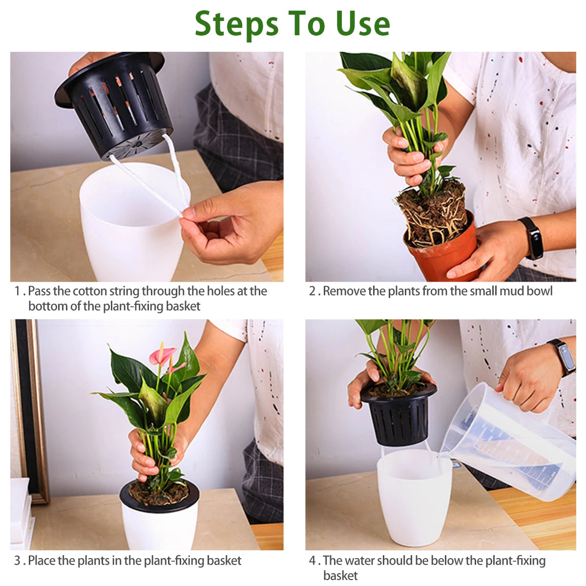 6Pcs Self Watering Pots With Cotton Rope for Indoor Plants 4.7 Inch Self Watering Plastic Flower Pot for Garden Decorative