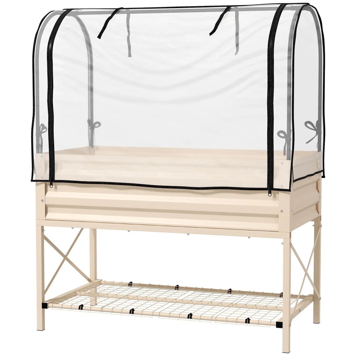 Raised Garden Bed with Legs and Cover Metal Elevated Planter Box with Bottom Shelf and Liner Cream