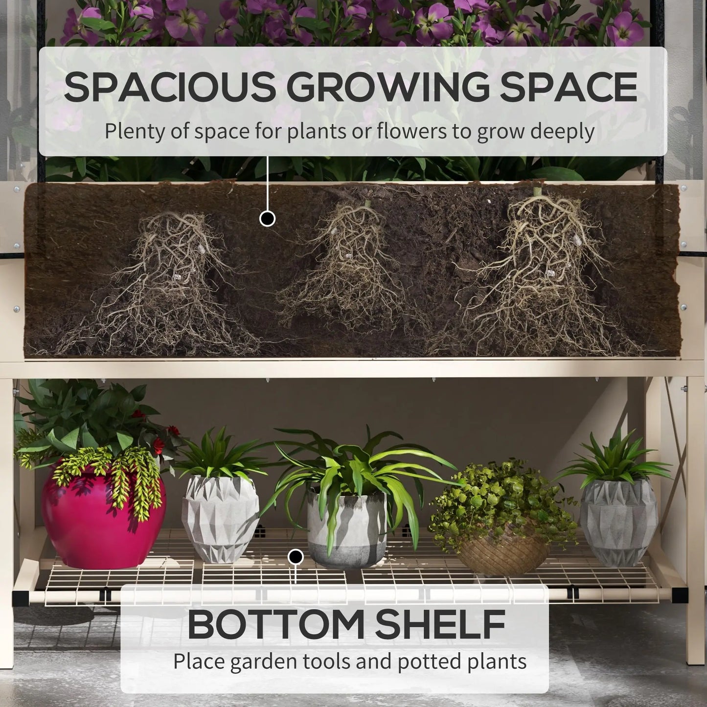 Raised Garden Bed with Legs and Cover Metal Elevated Planter Box with Bottom Shelf and Liner Cream