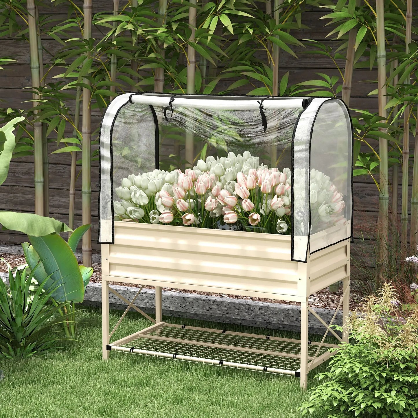 Raised Garden Bed with Legs and Cover Metal Elevated Planter Box with Bottom Shelf and Liner Cream