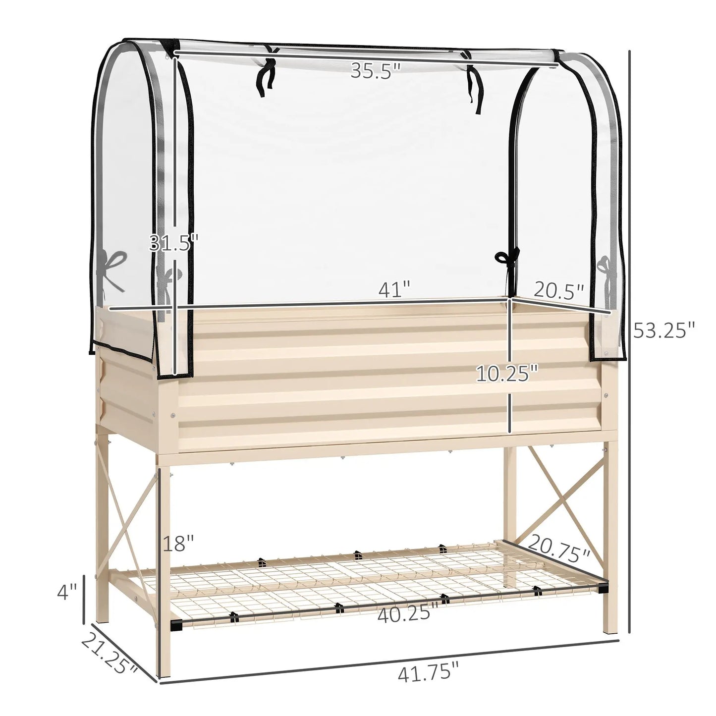 Raised Garden Bed with Legs and Cover Metal Elevated Planter Box with Bottom Shelf and Liner Cream