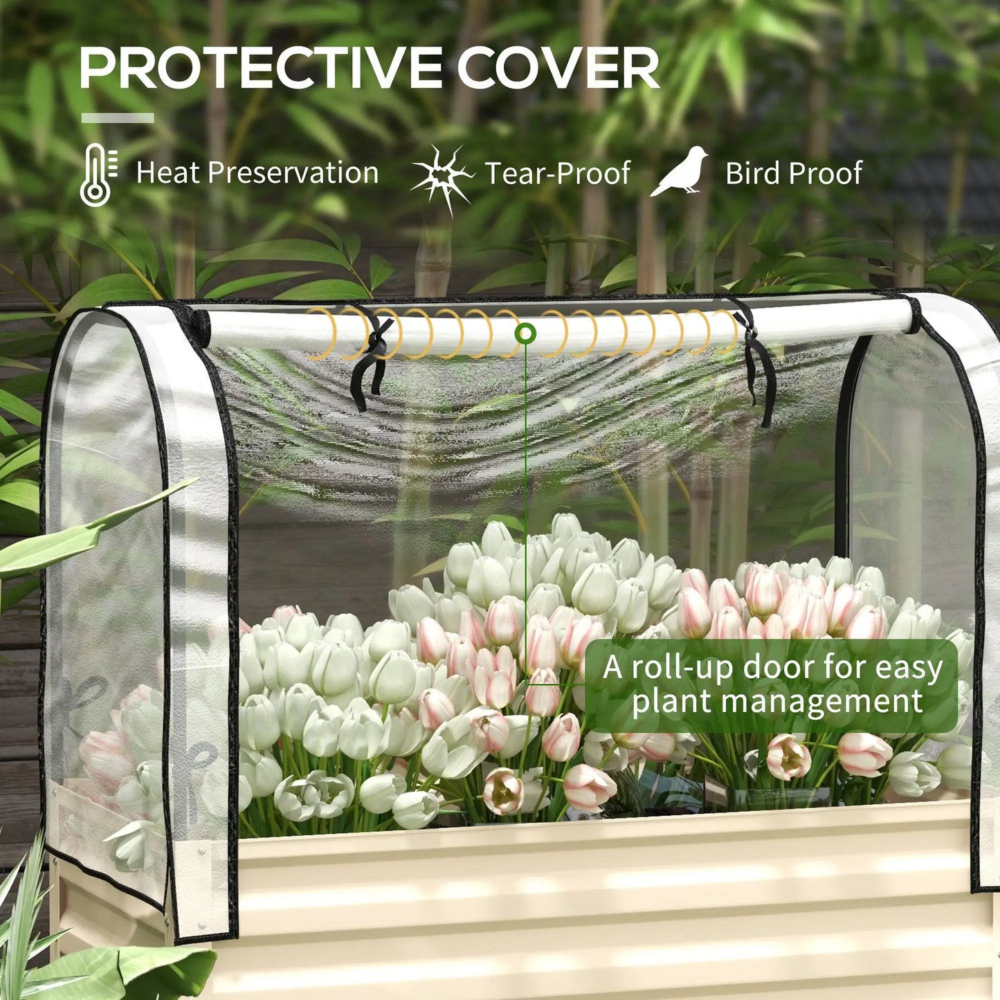 Raised Garden Bed with Legs and Cover Metal Elevated Planter Box with Bottom Shelf and Liner Cream