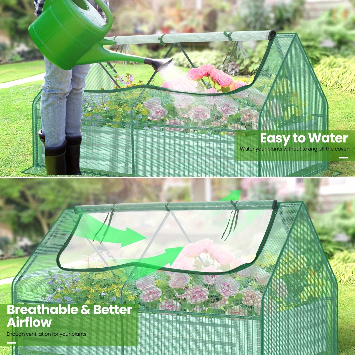 Galvanized Raised Garden Bed with Cover, 6x3x3ft, Outdoor Metal Planter Box 2 Roll-Up Windows Mini Greenhouse for Growing Flowers Fruits Vegetables and Herbs - Green & Transparent