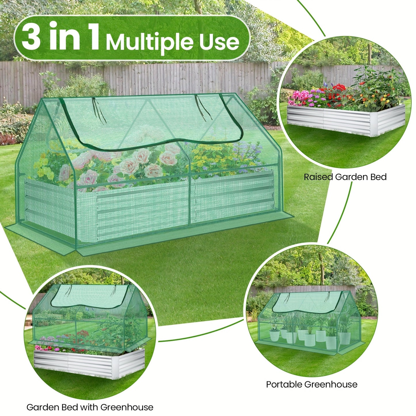 Galvanized Raised Garden Bed with Cover, 6x3x3ft, Outdoor Metal Planter Box 2 Roll-Up Windows Mini Greenhouse for Growing Flowers Fruits Vegetables and Herbs - Green & Transparent